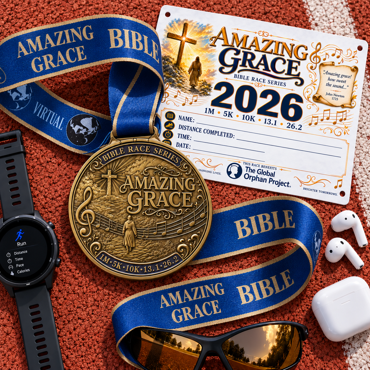 Christian medal for Amazing Grace Virtual Race 5K, walk, half marathon, and marathon by virtualrunevent, featuring religious design and branding.