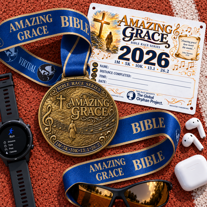 Christian medal for Amazing Grace Virtual Race 5K, walk, half marathon, and marathon by virtualrunevent, featuring religious design and branding.