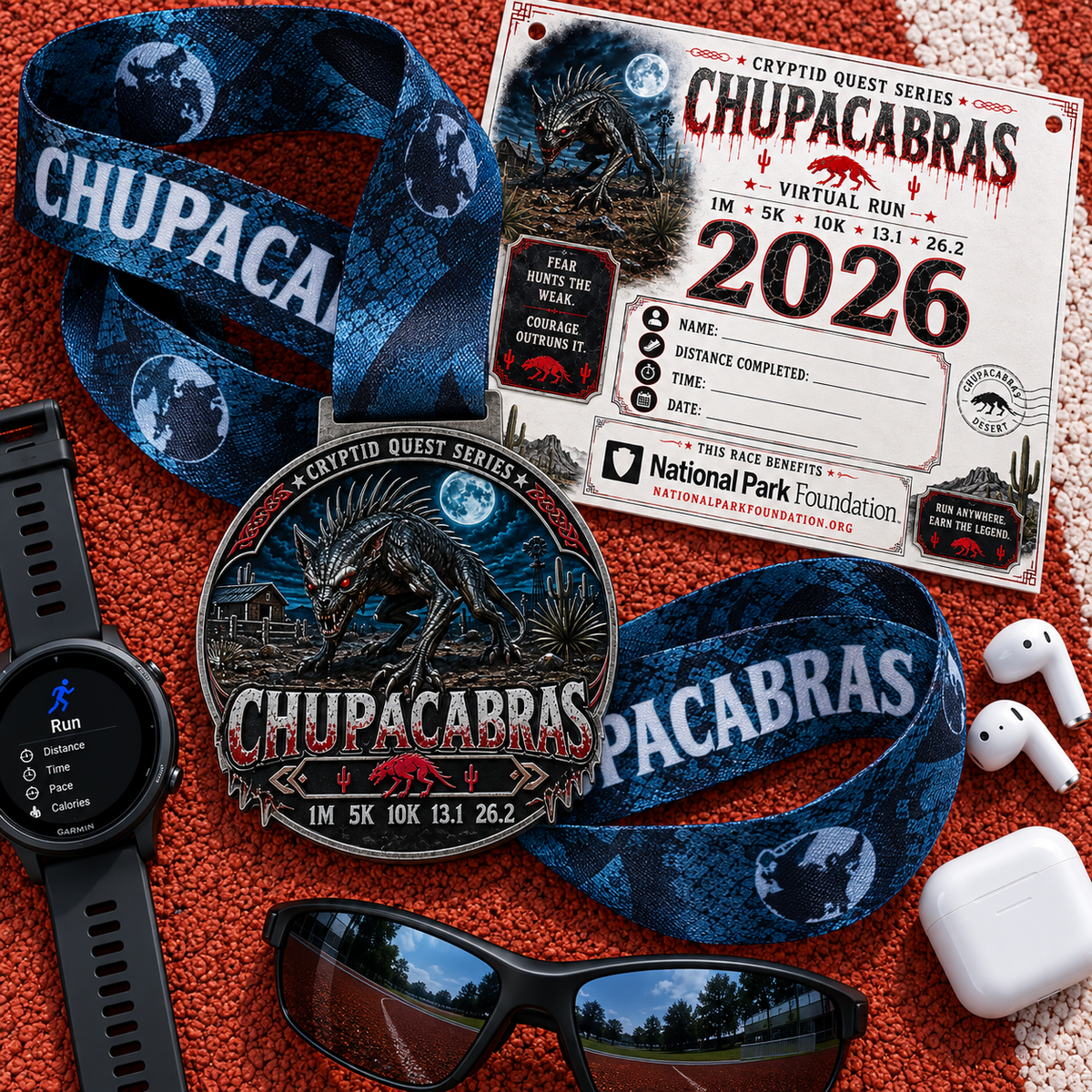 Chupacabras Virtual Race 2026 medal from Virtual Race Event, featuring cryptid-themed design for 1M, 5K, 10K, half, and full marathon distances.