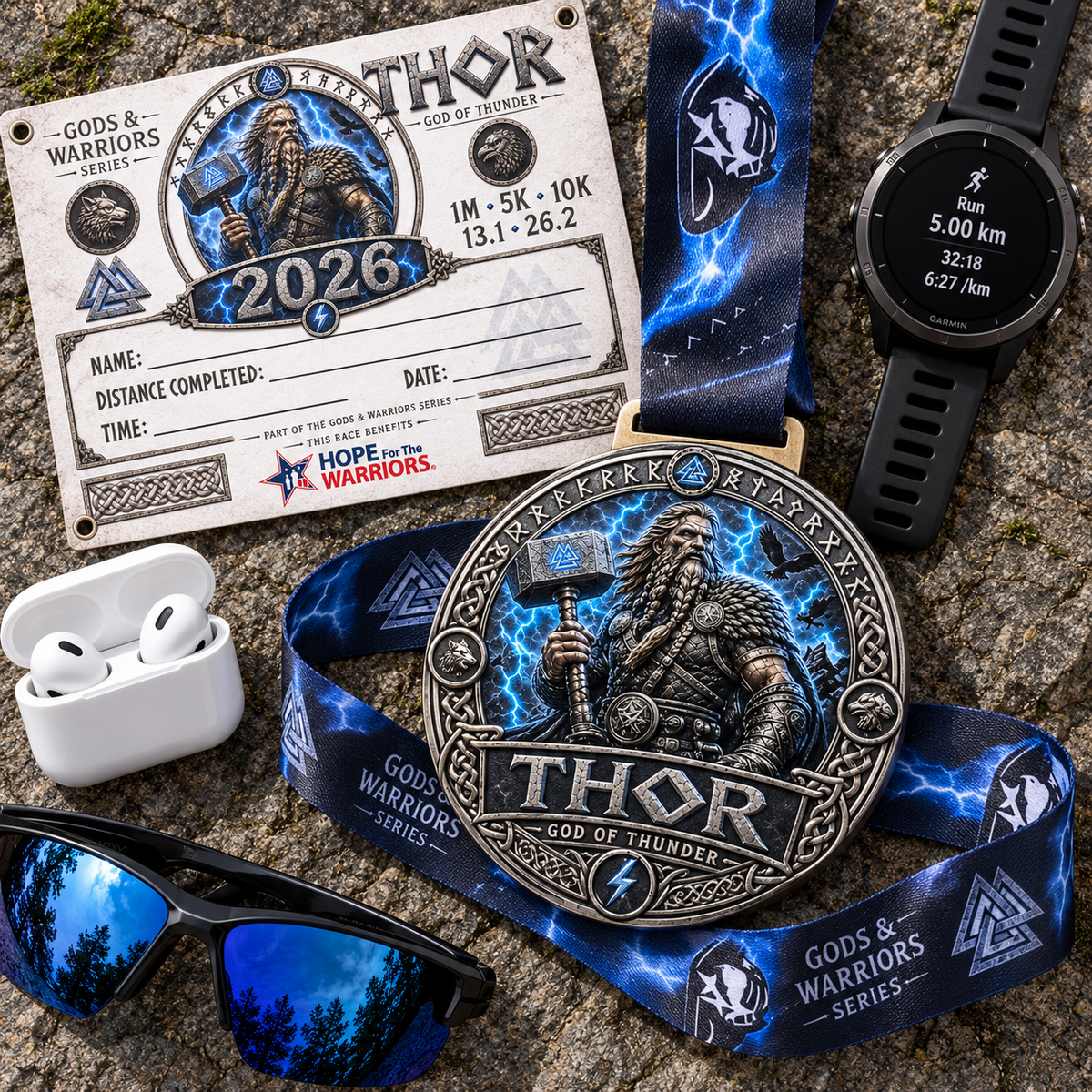 Norse mythology Thor Virtual Race medal for 5K, 10K, Half Marathon, and Marathon by virtualrunevent, featuring Thor's hammer design.
