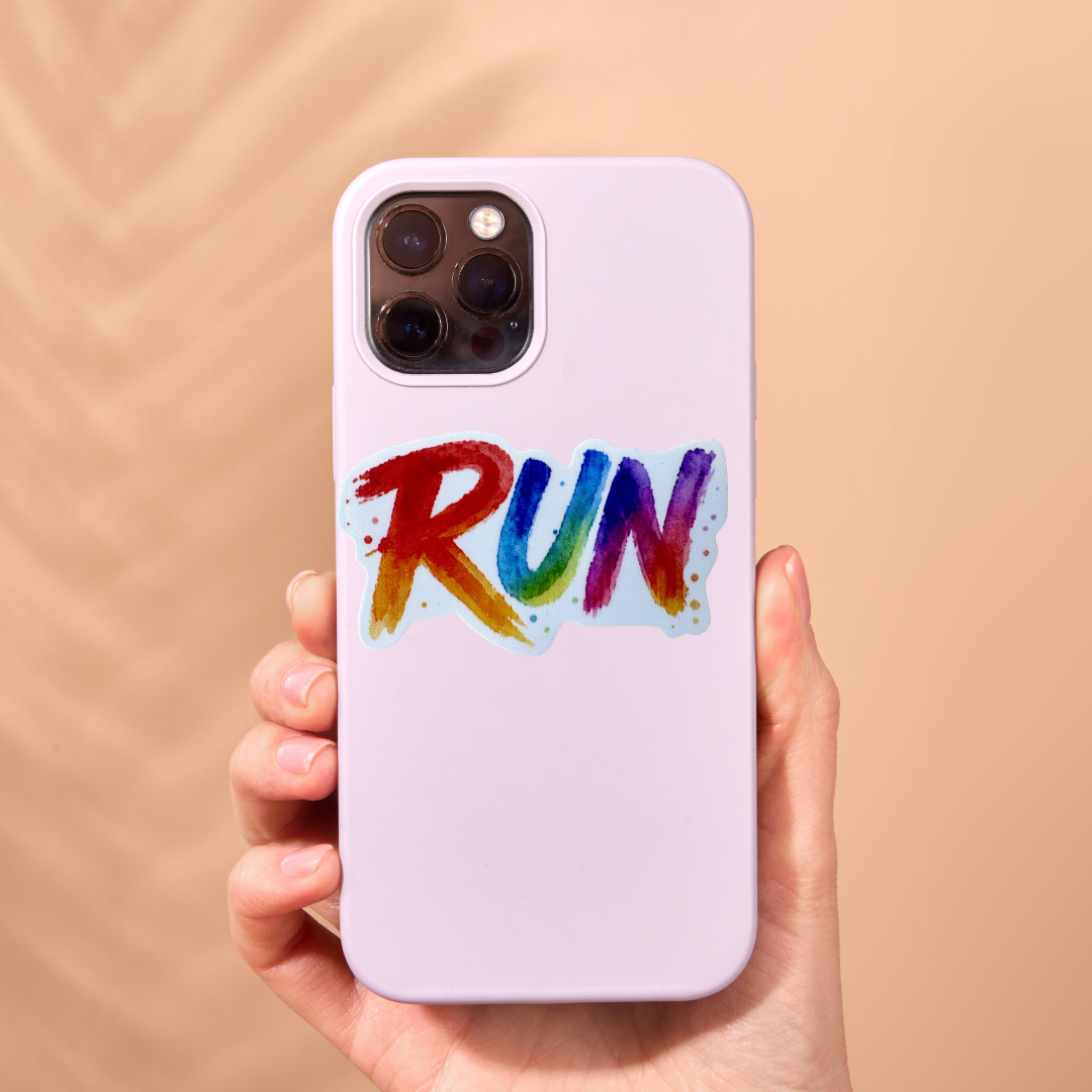 Colorful "RUN" medal sticker from VirtualRunEvent featuring vibrant, eye-catching design and bold lettering.