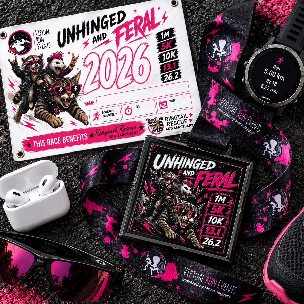 Unhinged and Feral Virtual Race raccoon medal for 1M, 5K, 10K, half marathon, and marathon from virtualrunevent.