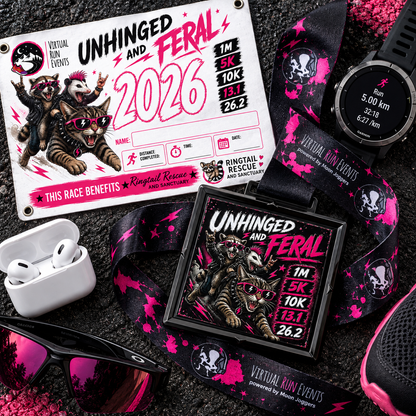 Unhinged and Feral Virtual Race raccoon medal for 1M, 5K, 10K, half marathon, and marathon from virtualrunevent.