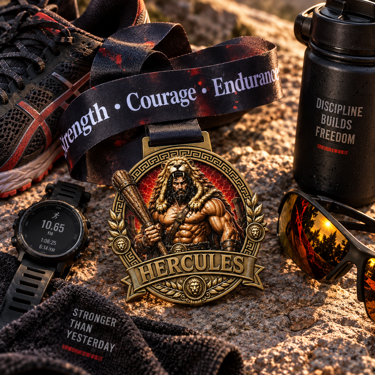 Hercules Virtual Race medal featuring Greek mythology design for 5K, 10K, Half Marathon, and Marathon events.