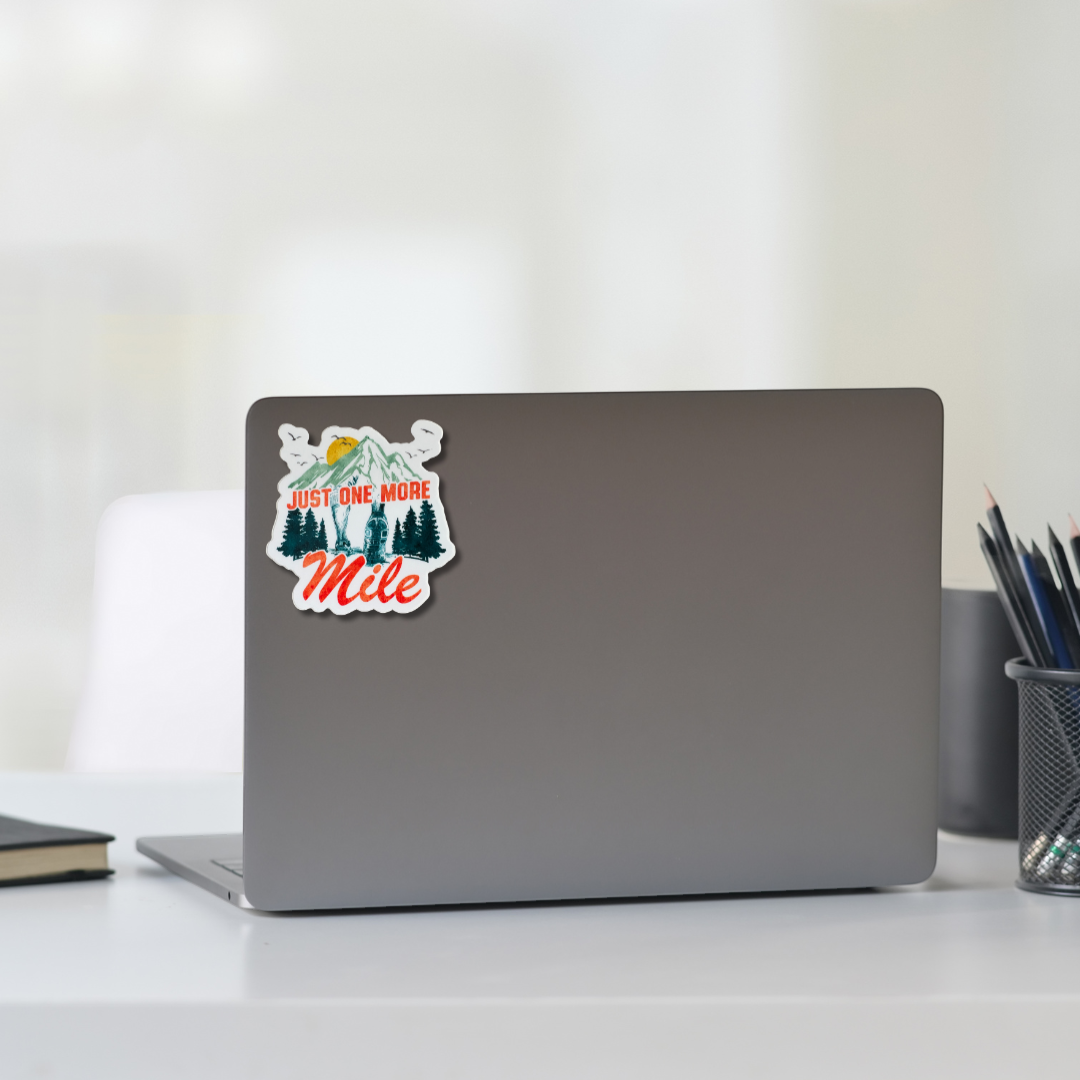 VirtualRunevent "Just One More Mile" sticker featuring bold text on a colorful background for motivational decor.