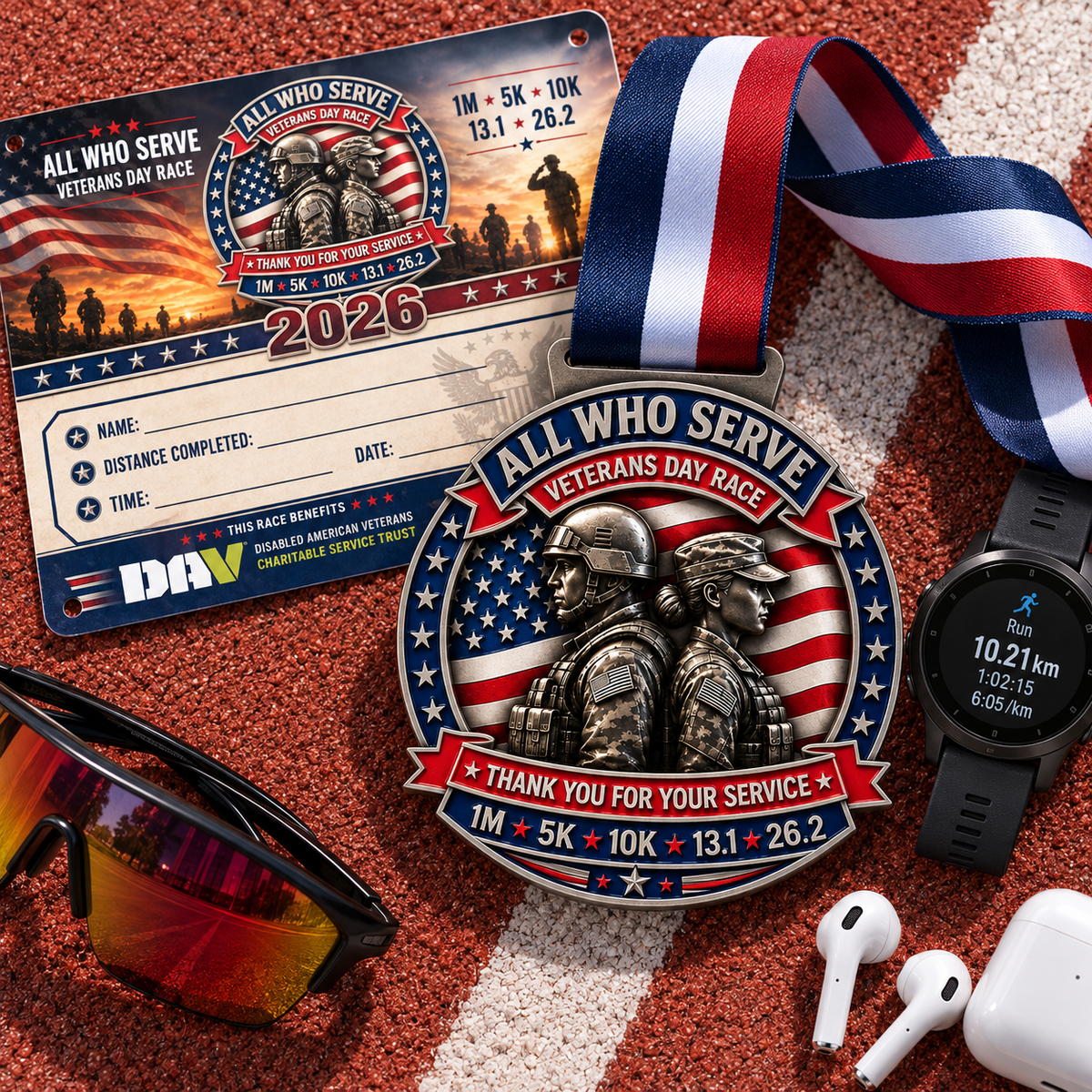 Veterans Day Virtual Race 2026 medal by virtualrunevent, featuring patriotic design for 1M, 5K, 10K, half marathon, and marathon.