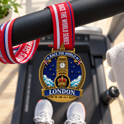 VirtualRunEvent London Virtual Race medal draped over treadmill, representing 5K, 10K, Half Marathon, and Marathon challenges.