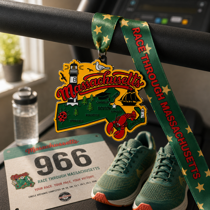 VirtualRunEvent Massachusetts race medal draped over treadmill for 1M, 5K, 10K, 13.1 half marathon, and 26.2 marathon.