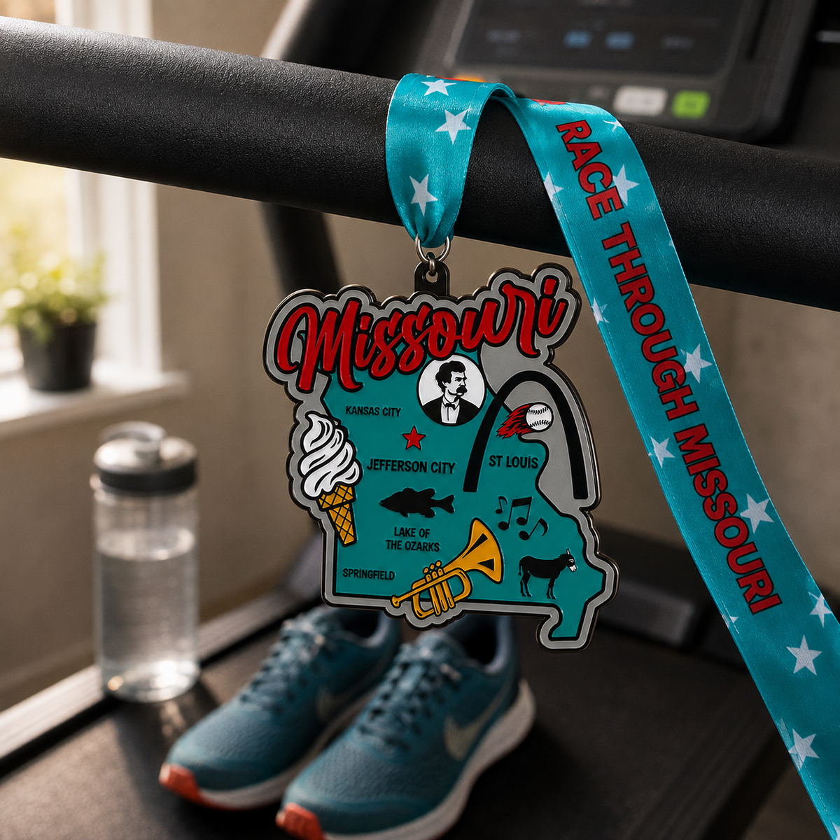 Medal for the Race Through Missouri virtual race event, featuring a colorful design with the event name, draped over a treadmill.