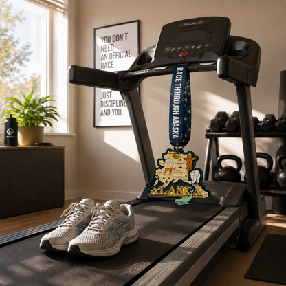 Alaska running medal from Virtual Run Event draped over treadmill, for virtual 5K, 10K, half marathon, marathon, and 50-mile races.
