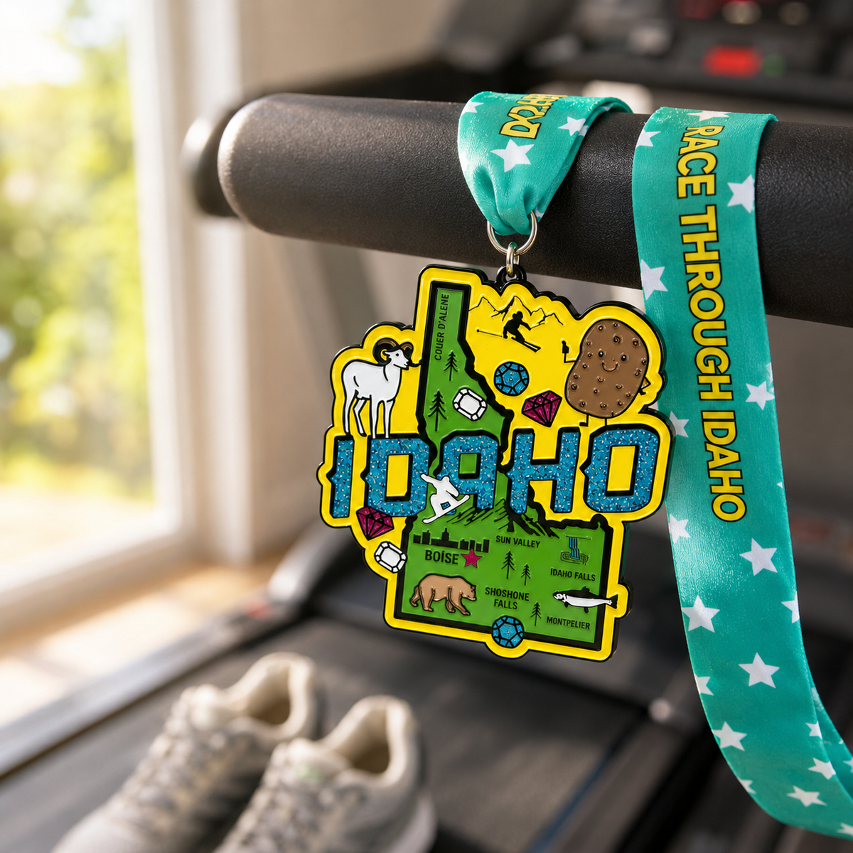 Medal for Race Through Idaho Virtual Race, featuring a colorful design, draped over a treadmill for 5K, 10K, Half Marathon, and 50 Mile Challenge.