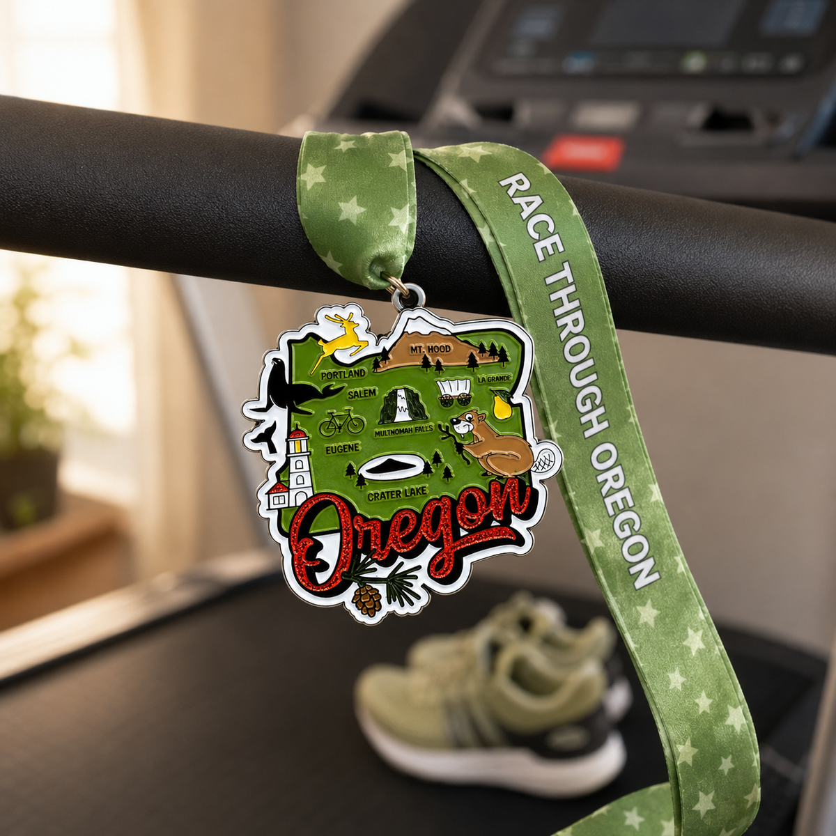 Virtualrunevent Race Through Oregon medal draped over treadmill, featuring a colorful design for 5K, 10K, half marathon, and marathon.