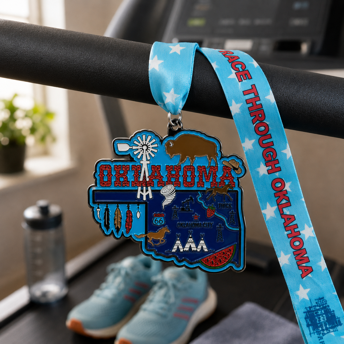 Virtualrunevent Oklahoma virtual race medal draped over treadmill for 5K, 10K, half marathon, and 50-mile challenge.
