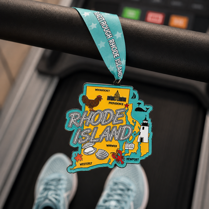 Race Through Rhode Island Virtual Race medal draped over treadmill, featuring detailed design for 5K, 10K, Half Marathon, and Marathon.