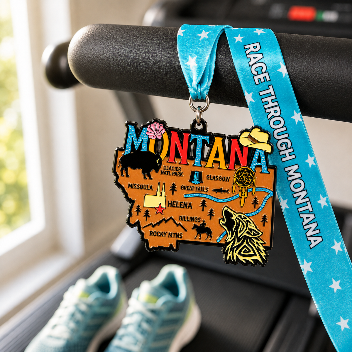 Virtualrunevent Race Through Montana medal draped over treadmill, showcasing a commemorative medal for 5K, 10K, half marathon, and 50 mile challenge.