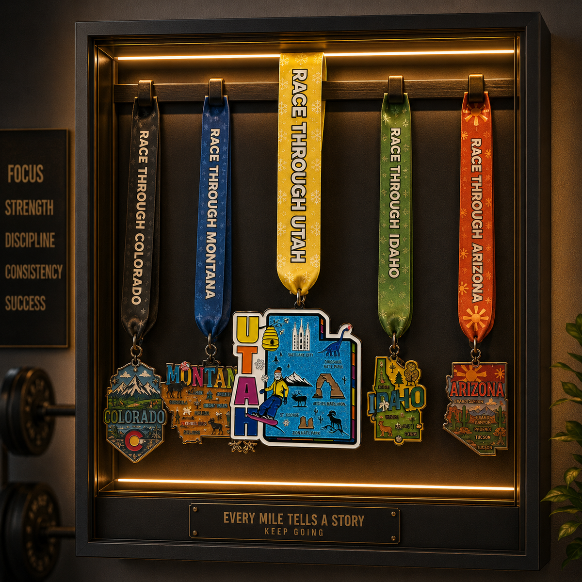 Virtualrunevent Race Through Utah virtual race medal draped over treadmill for 5K, 10K, half marathon, and 50 mile challenge.
