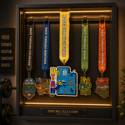 Virtualrunevent Race Through Utah virtual race medal draped over treadmill for 5K, 10K, half marathon, and 50 mile challenge.