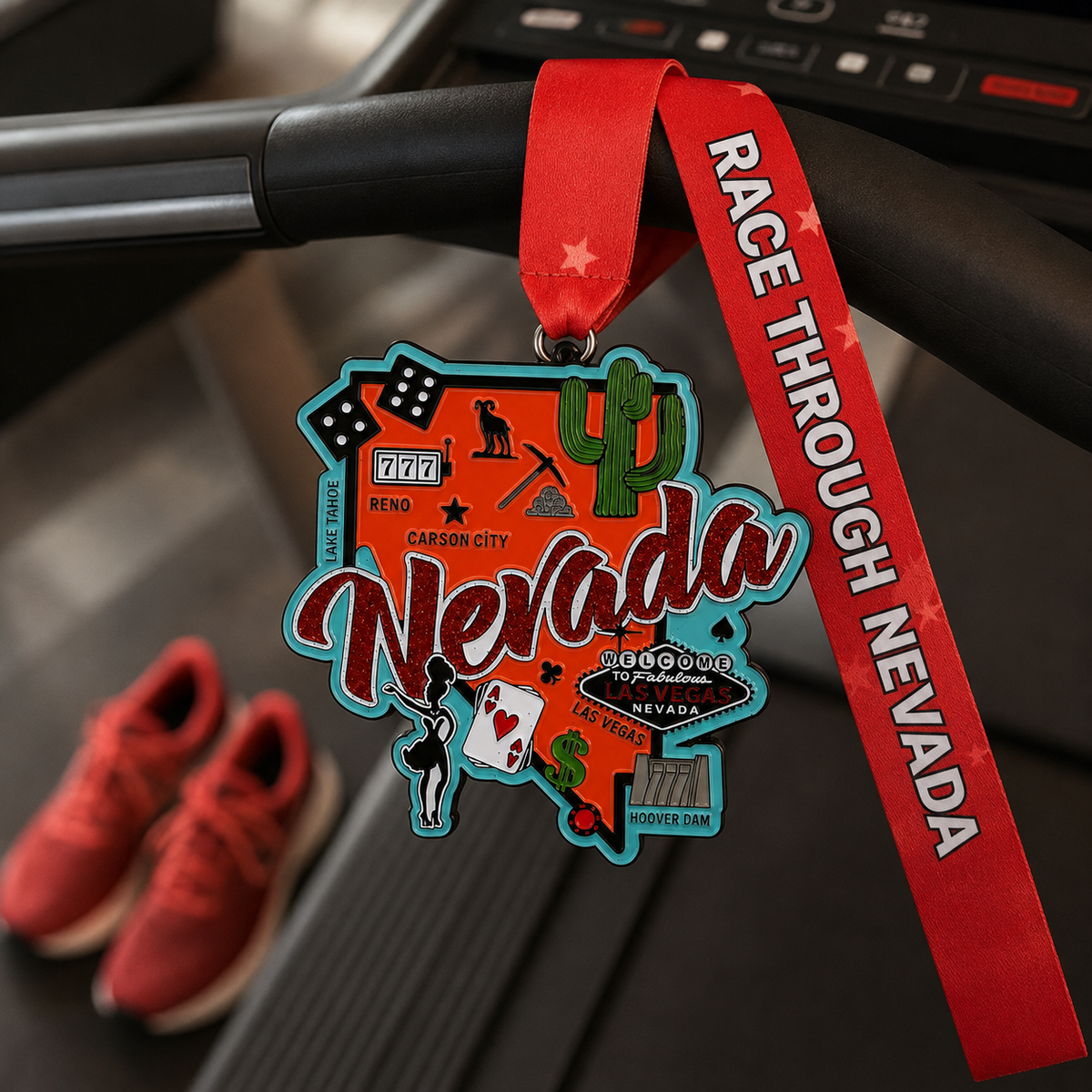 Medal for the Race Through Nevada Virtual Race 5K, 10K, Half Marathon, and 50 Mile Challenge by virtualrunevent draped over treadmill.
