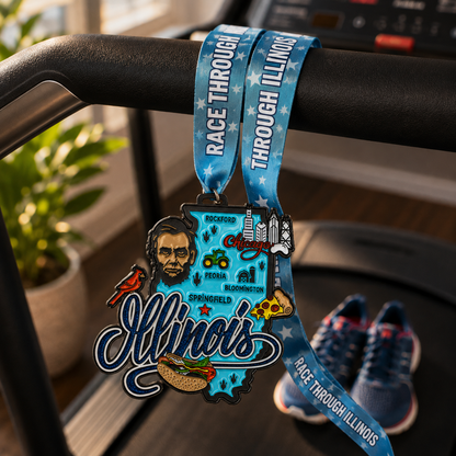 Medal for the Race Through Illinois Virtual Race 5K, 10K, Half Marathon, and 50 Mile Challenge draped over a treadmill.