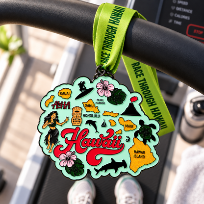 Virtualrunevent Race Through Hawaii medal draped over treadmill, celebrating 5K, 10K, half marathon, and 50-mile challenge finisher.