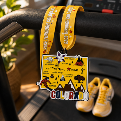 Virtualrunevent Colorado Race medal draped over treadmill, celebrating 5K, 10K, half marathon, and 50-mile challenge finisher.