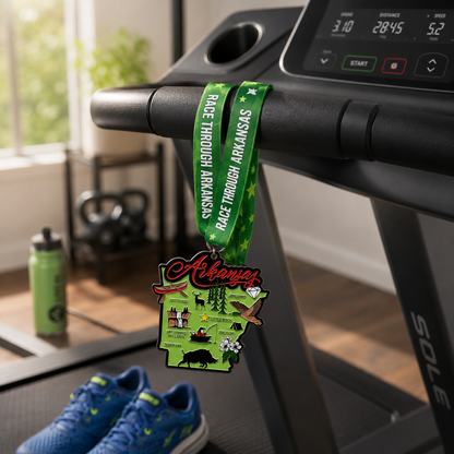 Virtualrunevent Race Through Arkansas medal draped over treadmill for 5K, 10K, half marathon, and 50-mile challenge finisher.