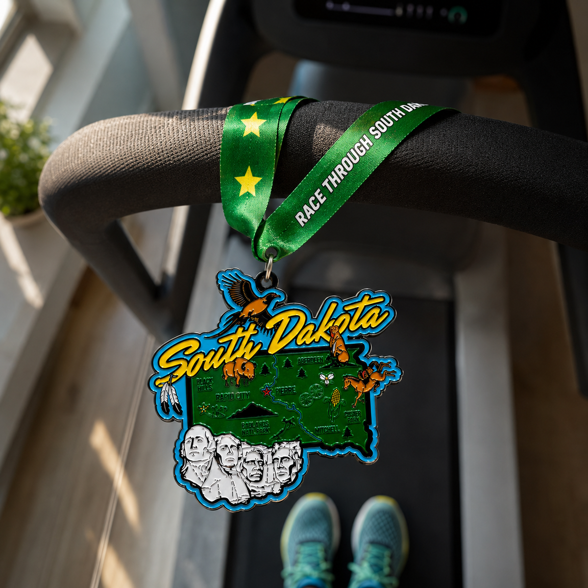 VirtualRunEvent South Dakota marathon medal draped over treadmill for Race Through South Dakota virtual race event.