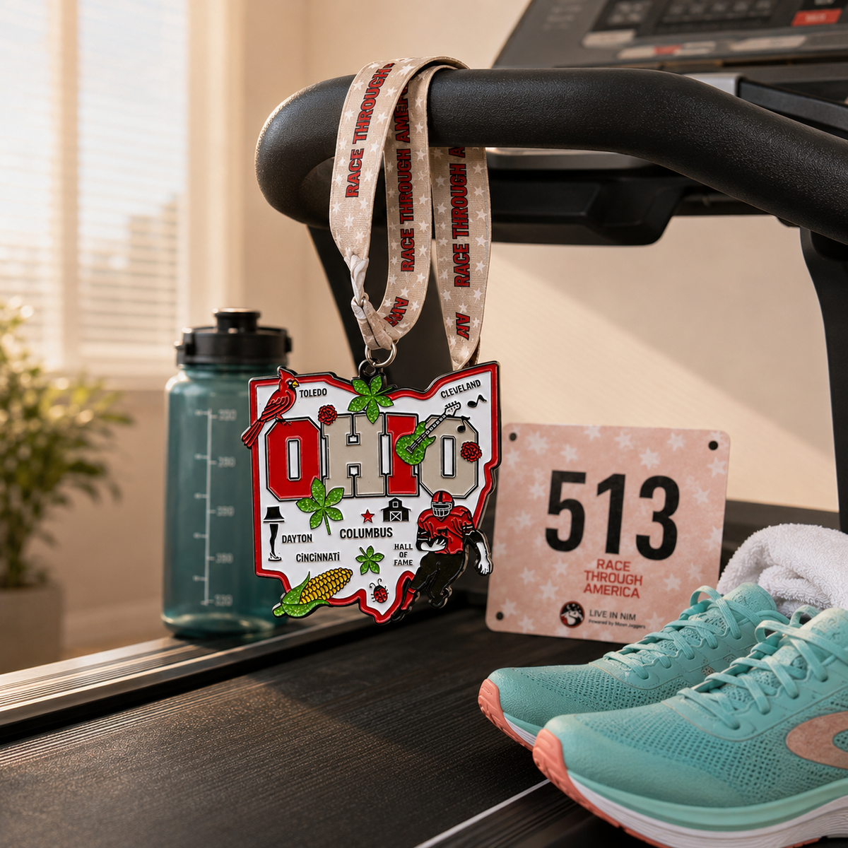 Virtualrunevent Race Through Ohio medal draped over a treadmill, showcasing a gold-colored medal with Ohio race branding.