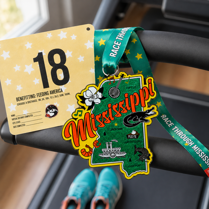 Virtualrunevent Race Through Mississippi medal draped over treadmill for 5K, 10K, half marathon, and 50 mile challenge finisher.