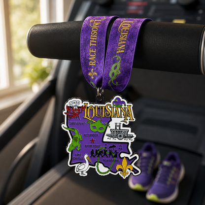 Virtualrunevent Race Through Louisiana medal draped over treadmill for 5K, 10K, half marathon, and 50 mile challenge.