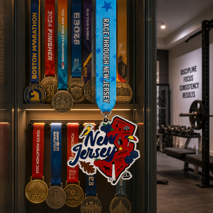 Virtualrunevent Race Through New Jersey medal draped over treadmill for 5K, 10K, half marathon, and 50-mile challenge.
