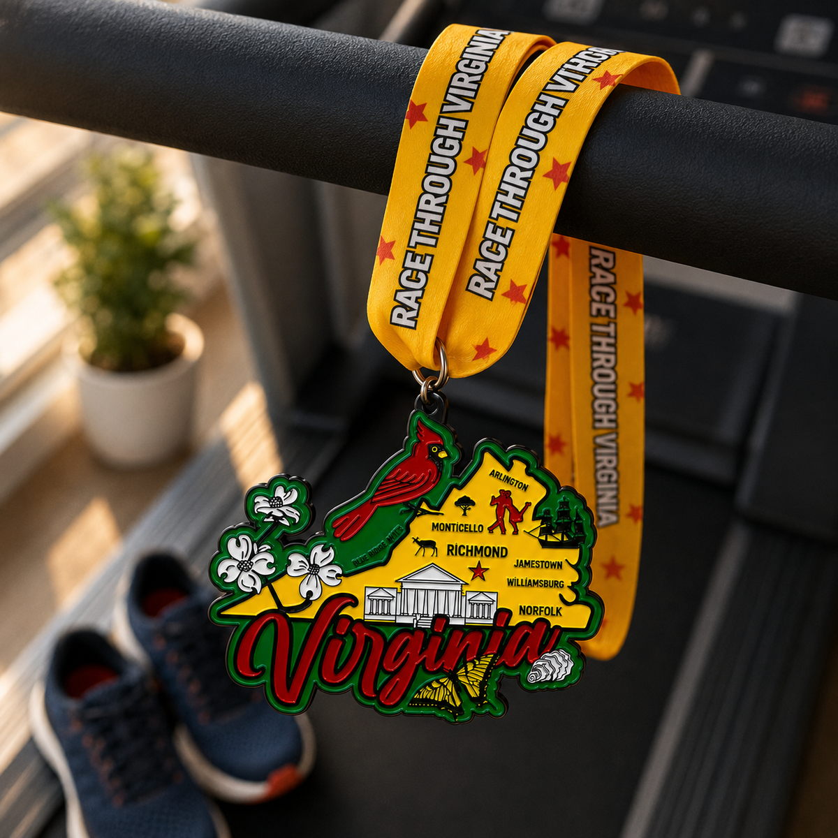 Virtualrunevent Race Through Virginia 5K to Marathon medal draped over treadmill, showcasing detailed design and vibrant colors.