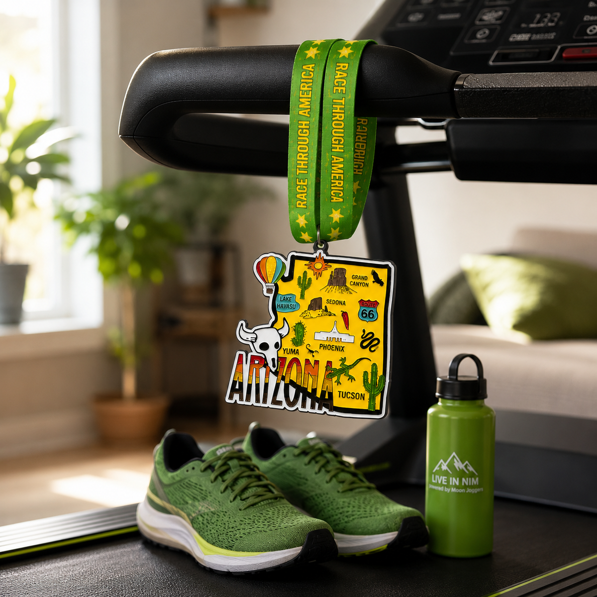 Virtualrunevent Arizona Race medal draped over a treadmill, featuring colorful design for 5K, 10K, Half Marathon, and 50 Mile Challenge.
