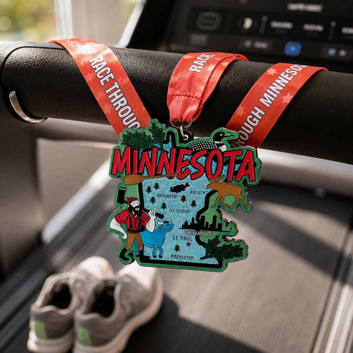 Virtualrunevent Minnesota Race medal draped over treadmill for 5K, 10K, half marathon, and 50 mile challenge finisher.