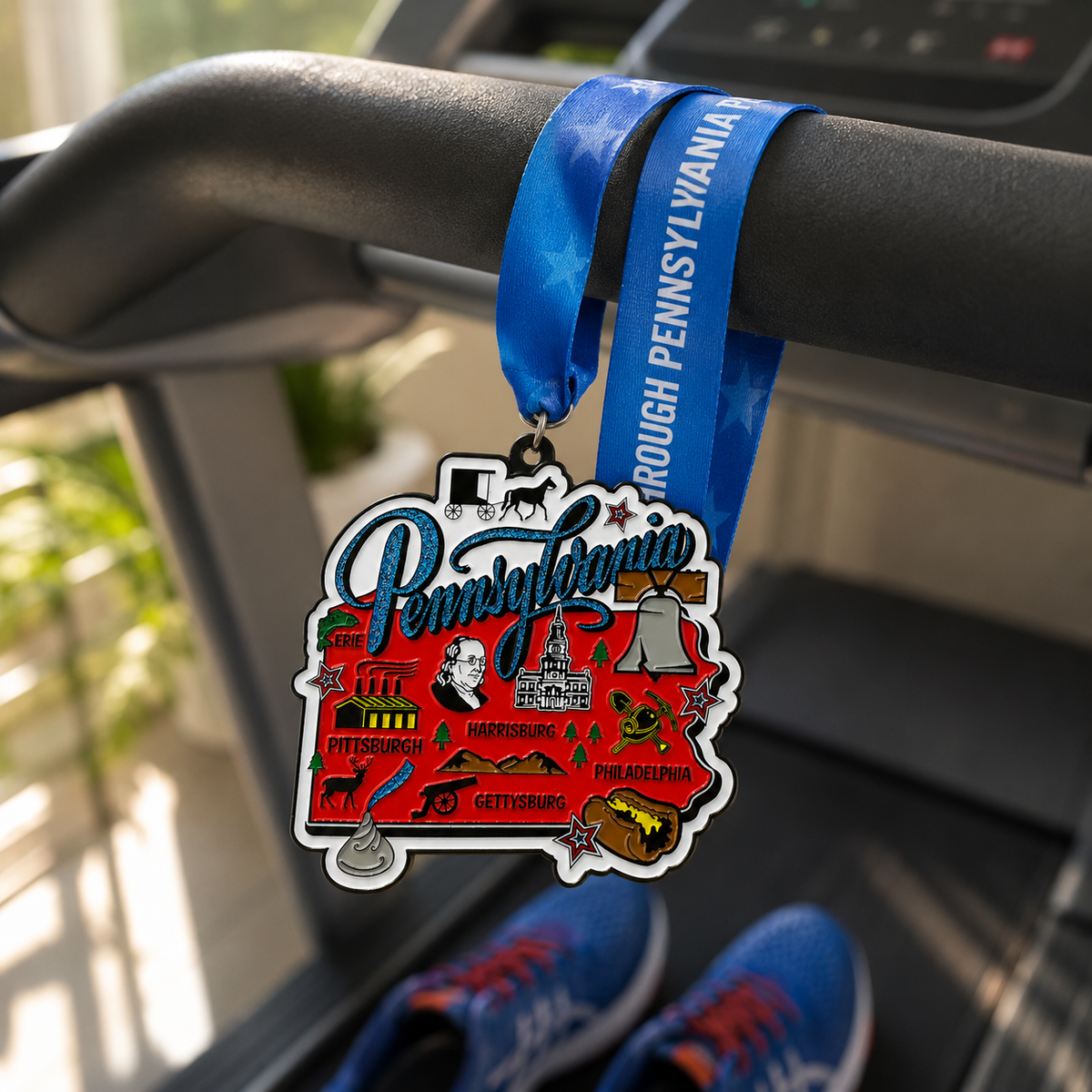Virtualrunevent Pennsylvania Race medal draped over treadmill for 5K, 10K, half marathon, and marathon virtual race.