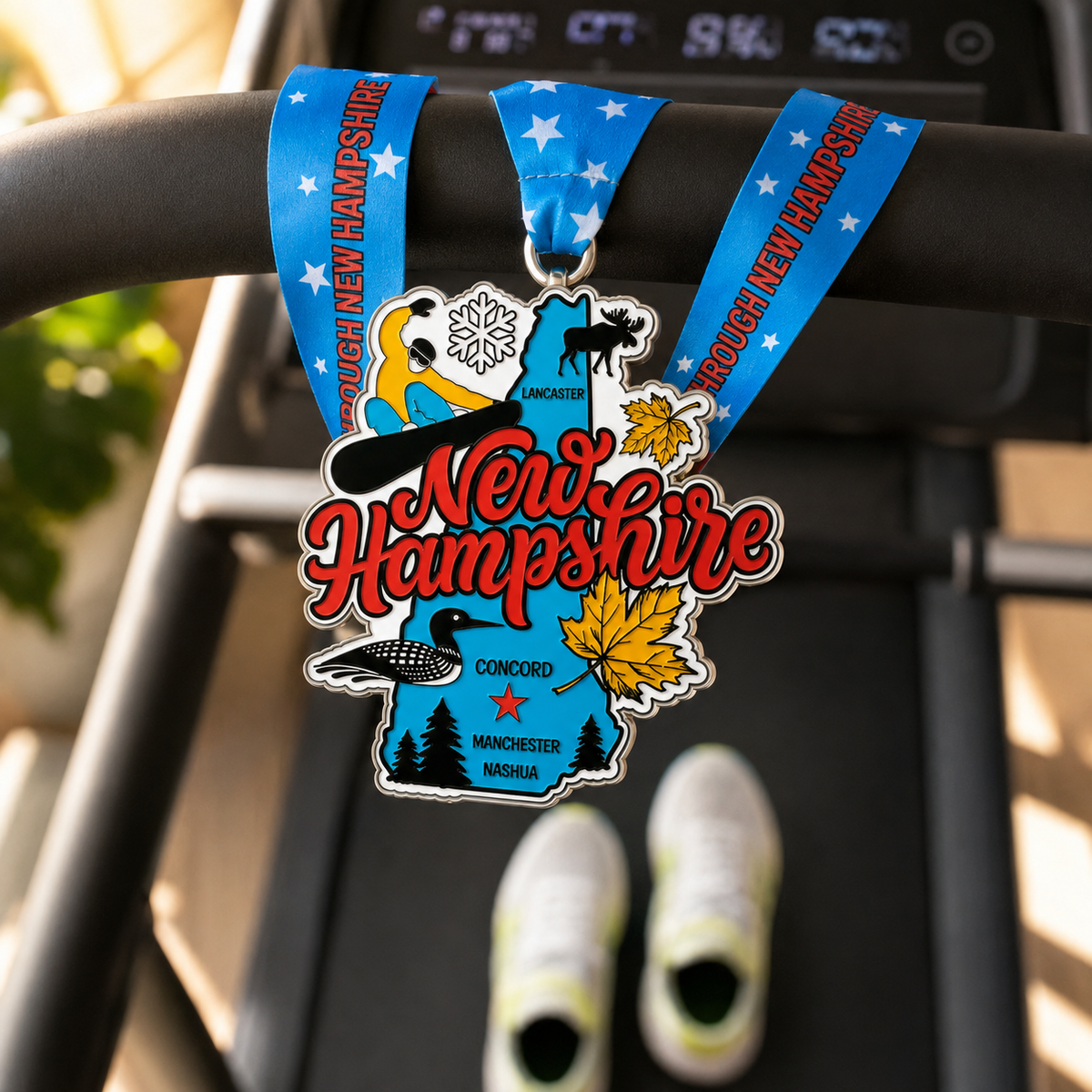 Virtualrunevent New Hampshire race medal draped over treadmill, featuring 1M, 5K, 10K, half marathon, and marathon designs.