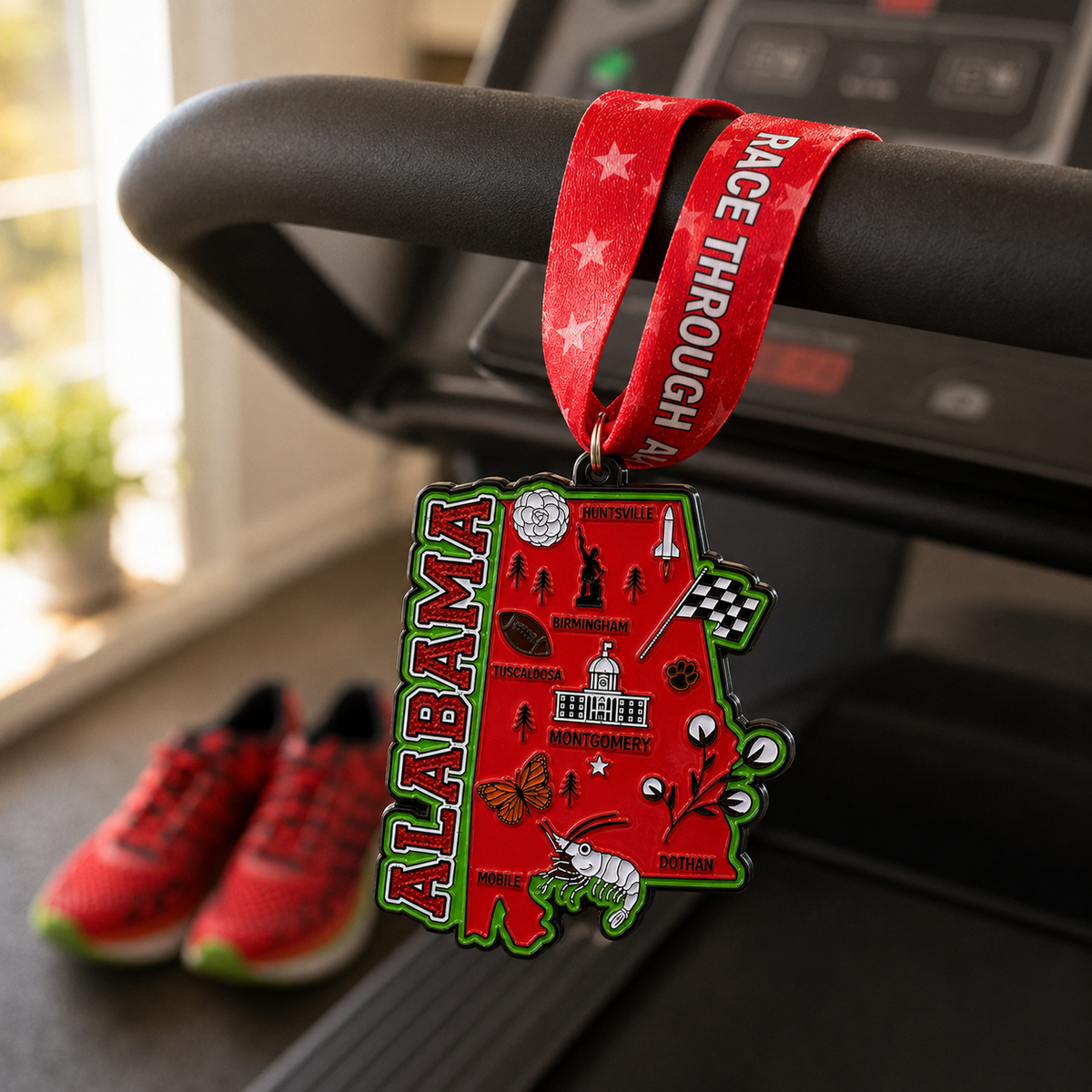 Virtualrunevent Race Through Alabama medal draped over treadmill, featuring Alabama-themed design for 5K, 10K, half marathon, and 50-mile challenge.