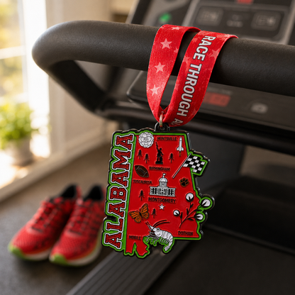 Virtualrunevent Race Through Alabama medal draped over treadmill, featuring Alabama-themed design for 5K, 10K, half marathon, and 50-mile challenge.