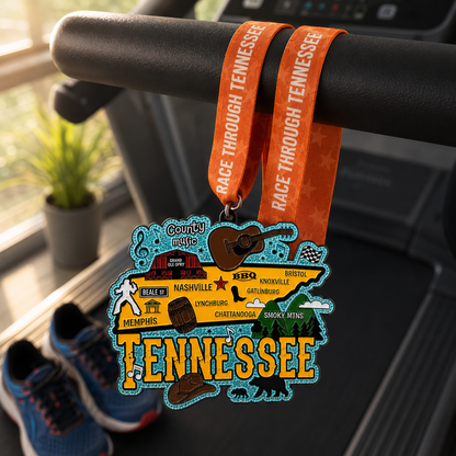 Race Through Tennessee virtual race medal draped over treadmill, showcasing a detailed design for 5K, 10K, half marathon, and marathon.