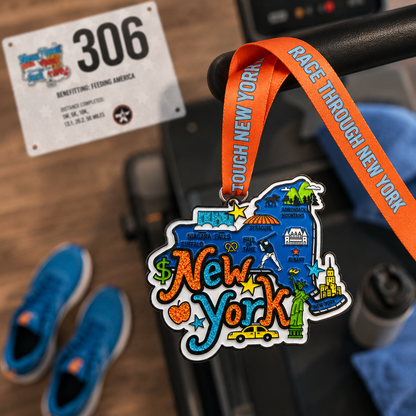 Virtualrunevent Race Through New York medal draped over treadmill, representing 5K, 10K, half marathon, and 50-mile challenge.