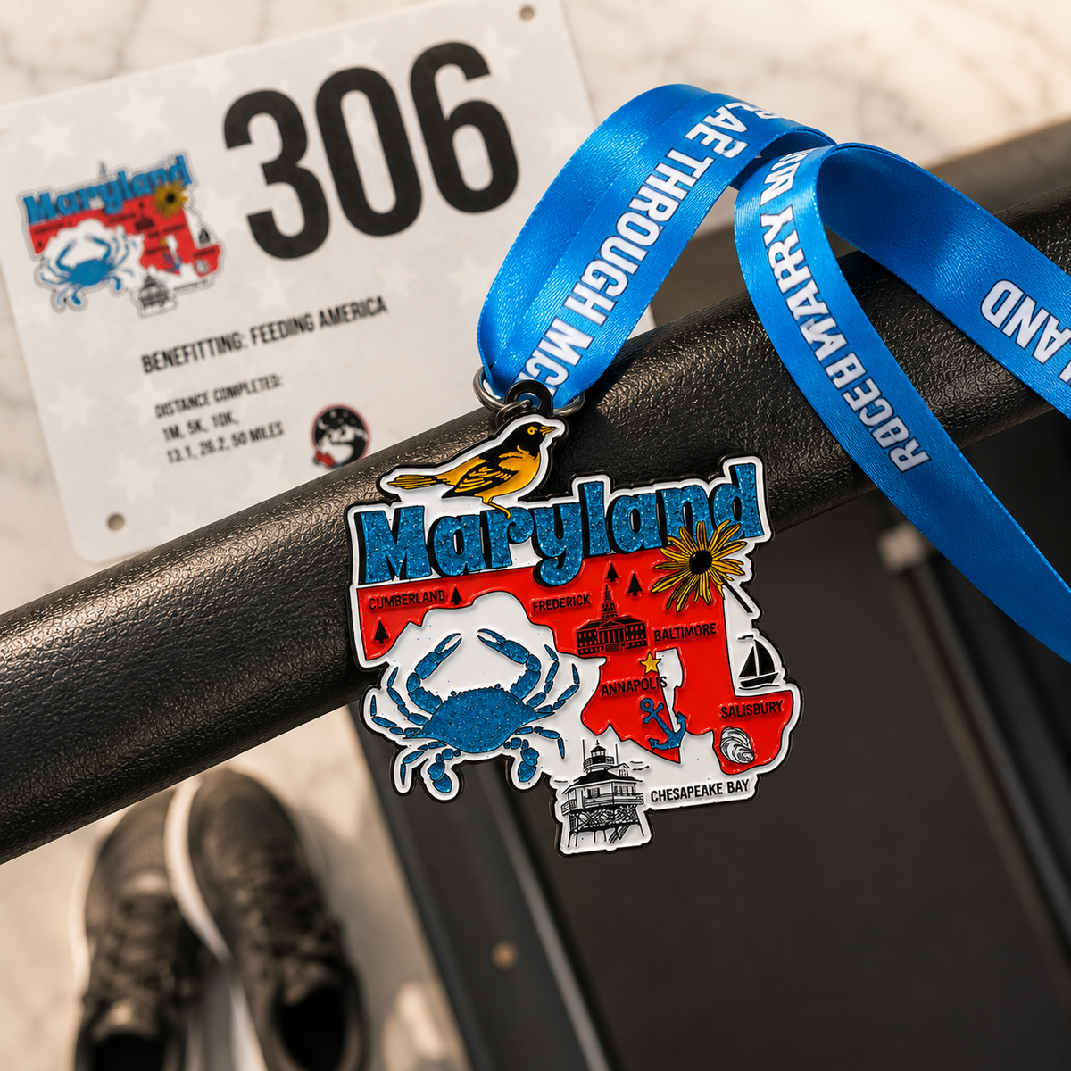 Medal from Virtual Run Event Maryland Race Challenge hanging over treadmill for 5K, 10K, Half Marathon, and 50 Mile virtual race.