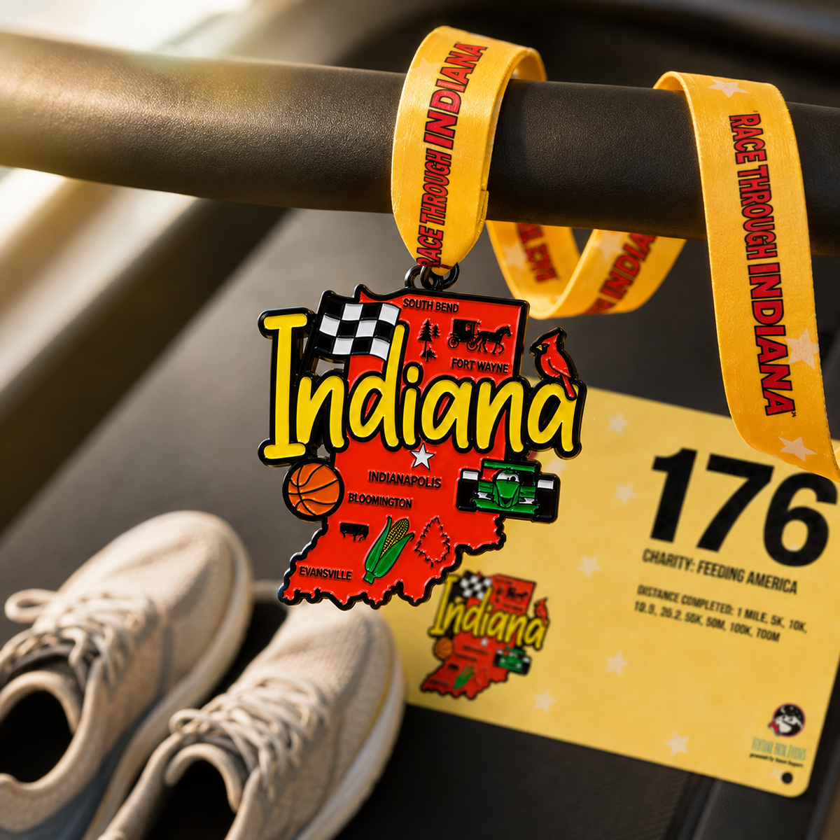 Virtualrunevent Race Through Indiana medal draped over treadmill, representing 5K, 10K, Half Marathon, and 50 Mile challenge.