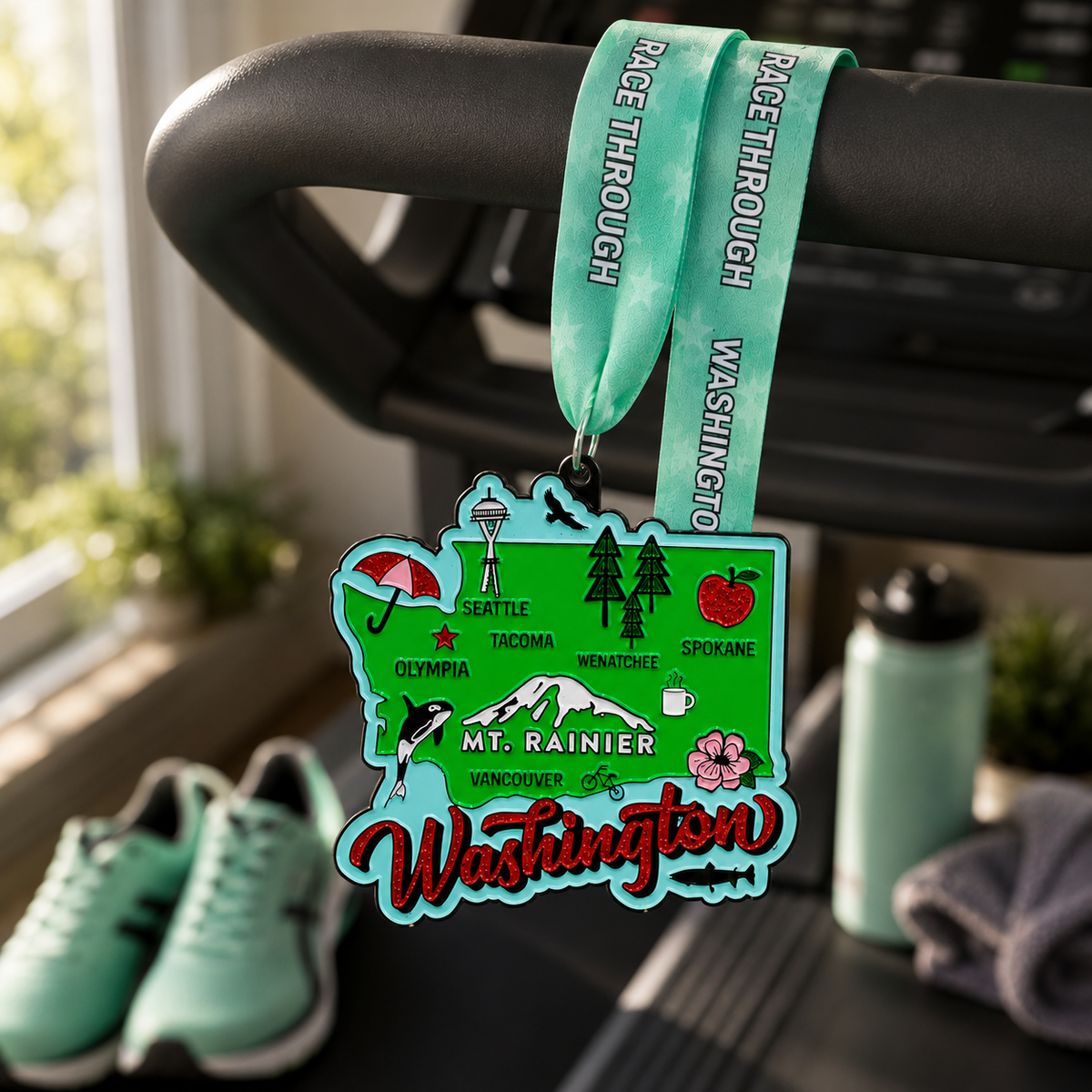 Virtualrunevent Race Through Washington medal draped over treadmill for 5K, 10K, or half marathon virtual race finisher.