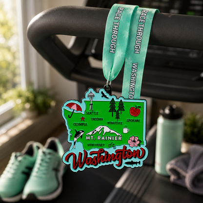 Virtualrunevent Race Through Washington medal draped over treadmill for 5K, 10K, or half marathon virtual race finisher.