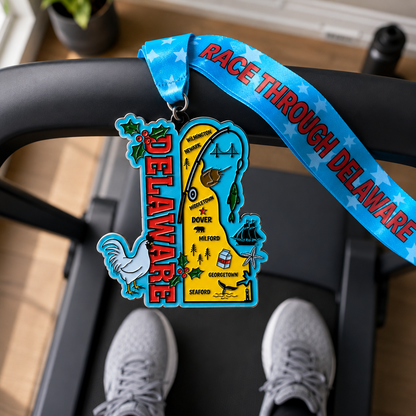 Medal for Race Through Delaware Virtual Race 5K, 10K, Half Marathon, and 50 Mile Challenge, draped over treadmill.