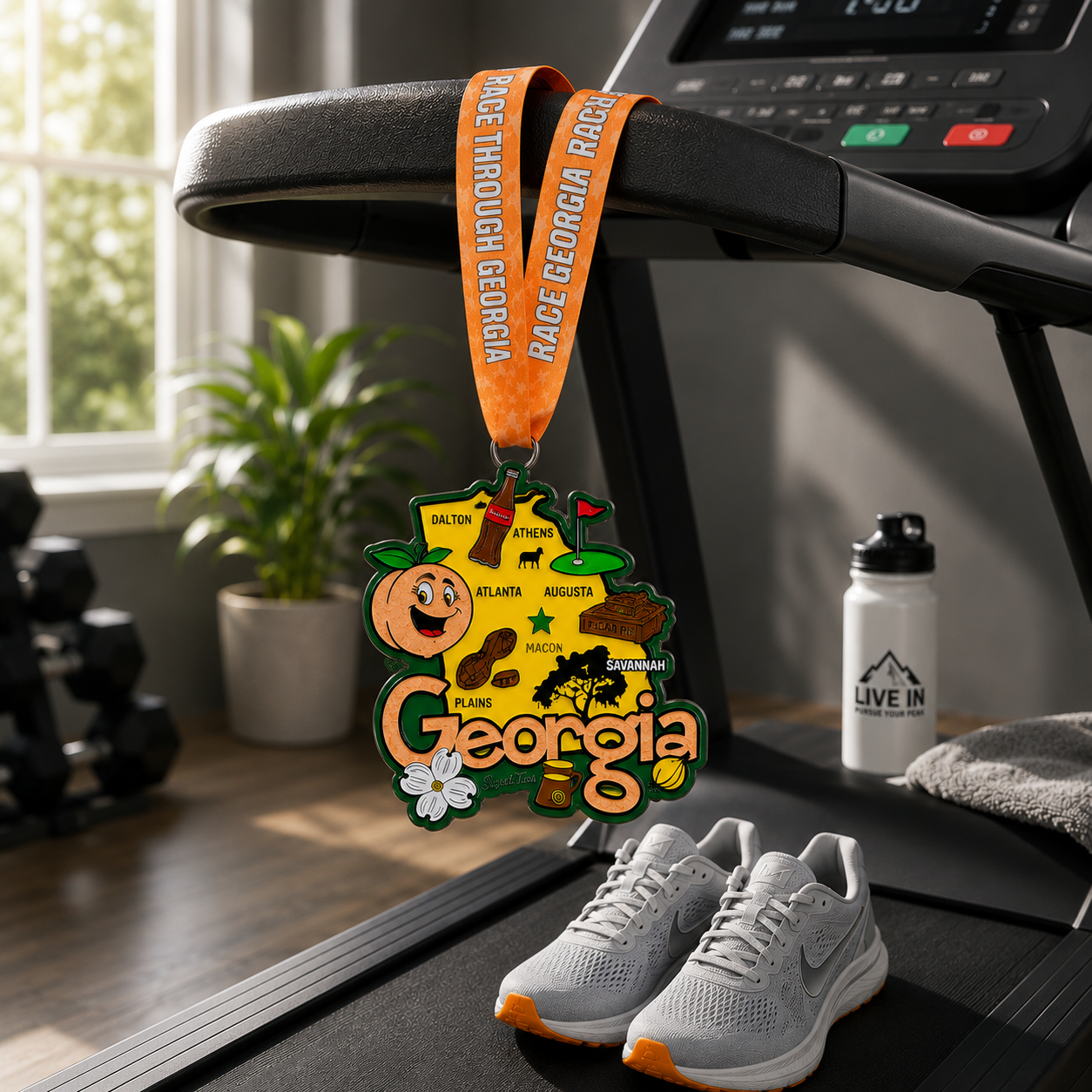 Virtualrunevent Race Through Georgia medal draped over treadmill, showcasing a colorful design for 1M, 5K, and 10K virtual races.