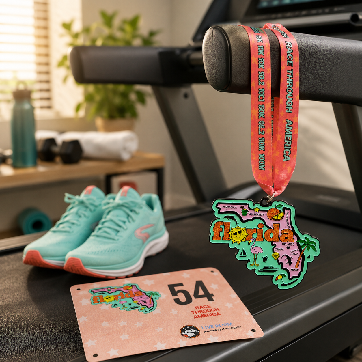 Virtualrunevent Race Through Florida medal draped over treadmill, showcasing a colorful medal and bib for virtual running event.