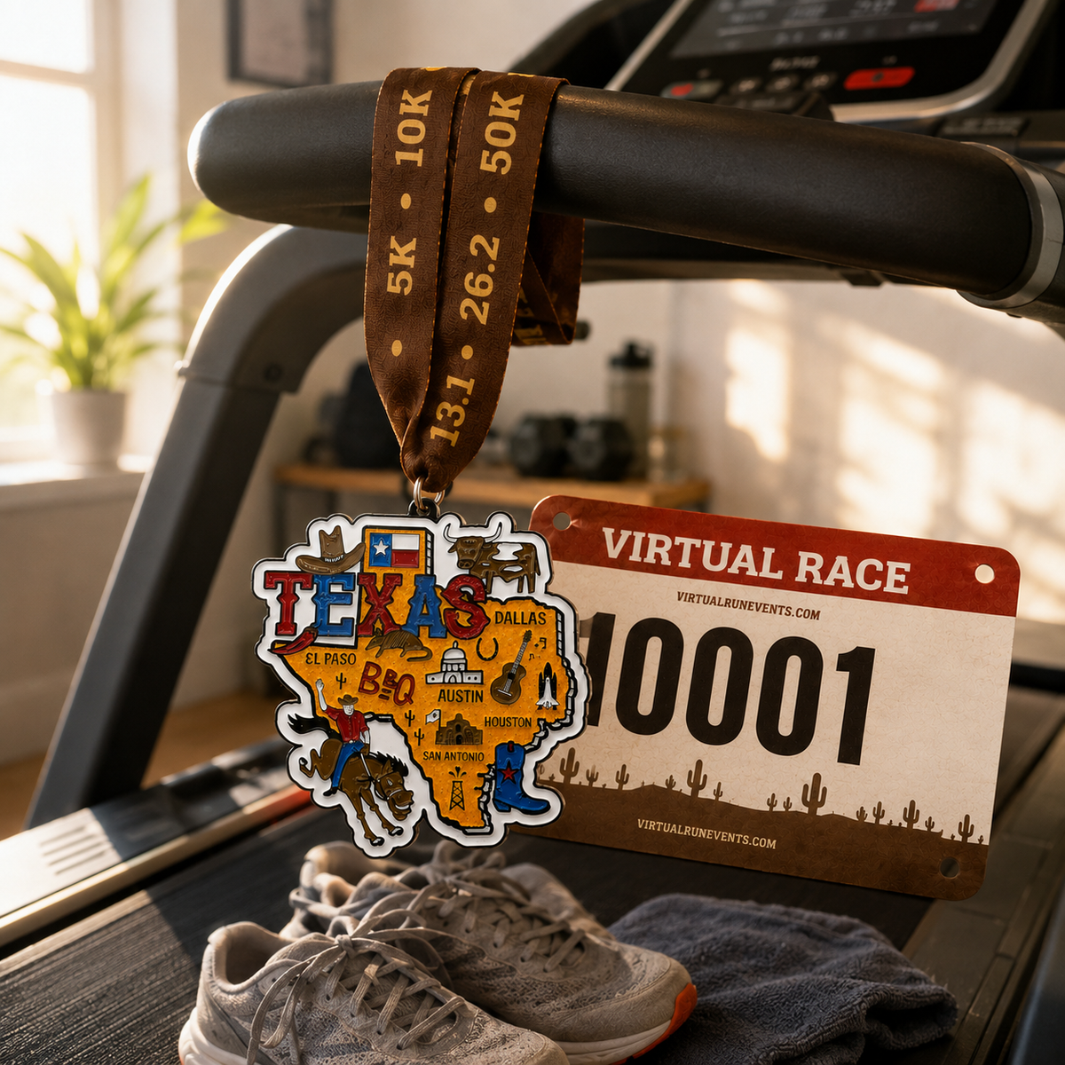 Virtualrunevent Race Through Texas medal draped over treadmill, showcasing a commemorative medal for 5K, 10K, Half Marathon, or 50 Mile challenge.