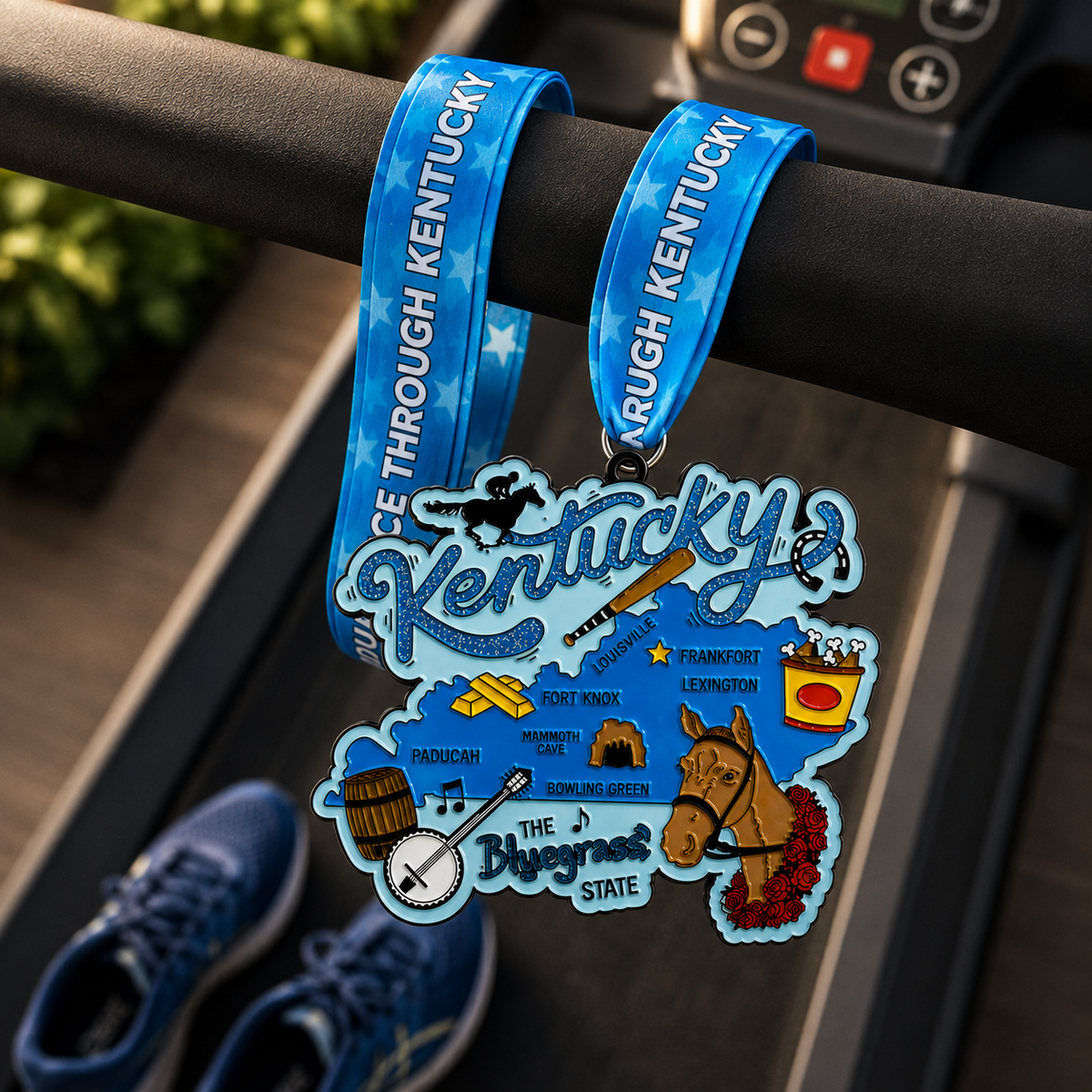 Virtualrunevent Kentucky Race medal draped over treadmill, featuring 5K, 10K, half marathon, and 50-mile challenge design.