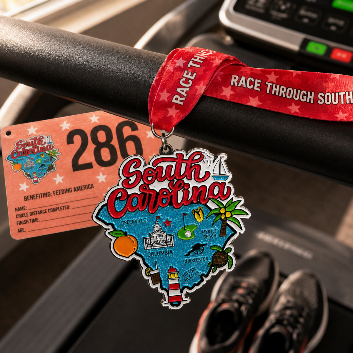 Virtualrunevent Race Through South Carolina 5K to Marathon medal draped over treadmill, showcasing detailed design and vibrant colors.